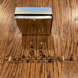 Crystal and gold earrings and bracelet set dark and light amber color